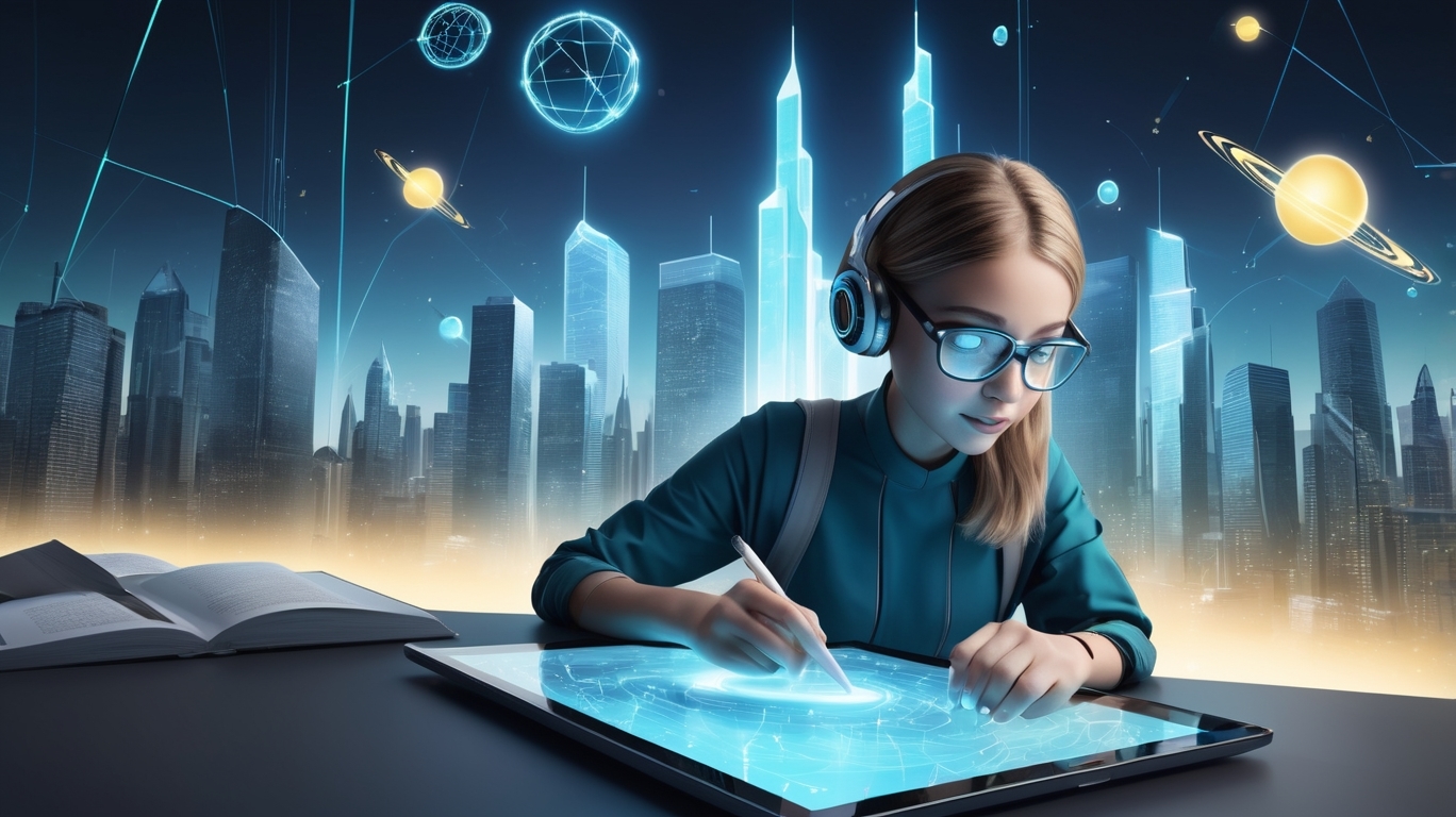 Hero banner image showcasing a futuristic educational theme with a glowing city skyline, holographic academic symbols, and a tutor engaging with students through digital technology, set in a professional navy and teal gradient color scheme