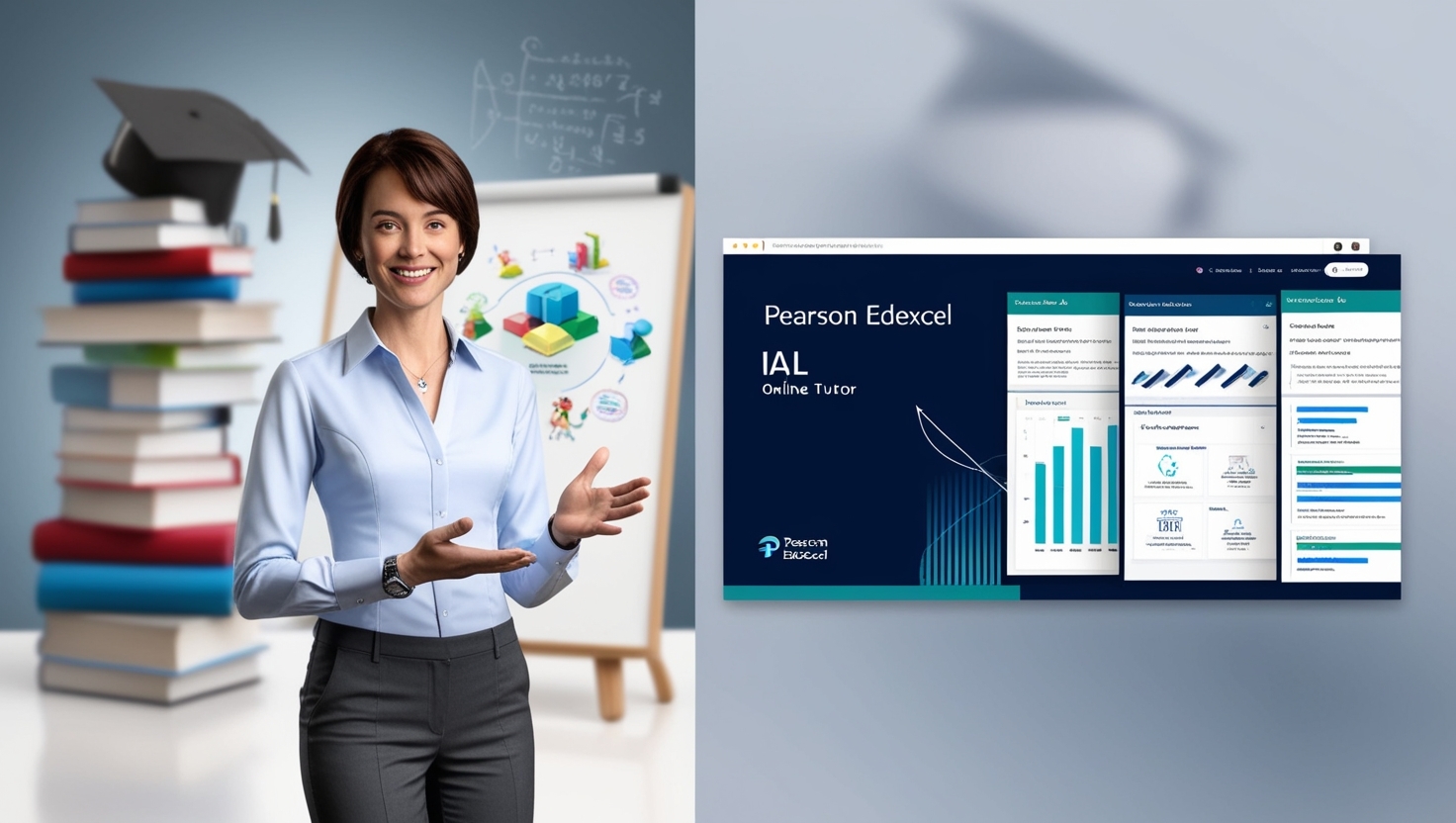 Online IAL Pearson Edexcel tutor interface with digital learning dashboard, featuring a professional online instructor and interactive educational platform elements in blue and white color scheme.