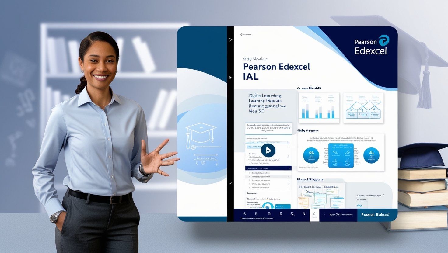 Online IAS Pearson Edexcel tutor interface with digital learning dashboard, featuring a professional online instructor and interactive educational platform elements in blue and white color scheme.