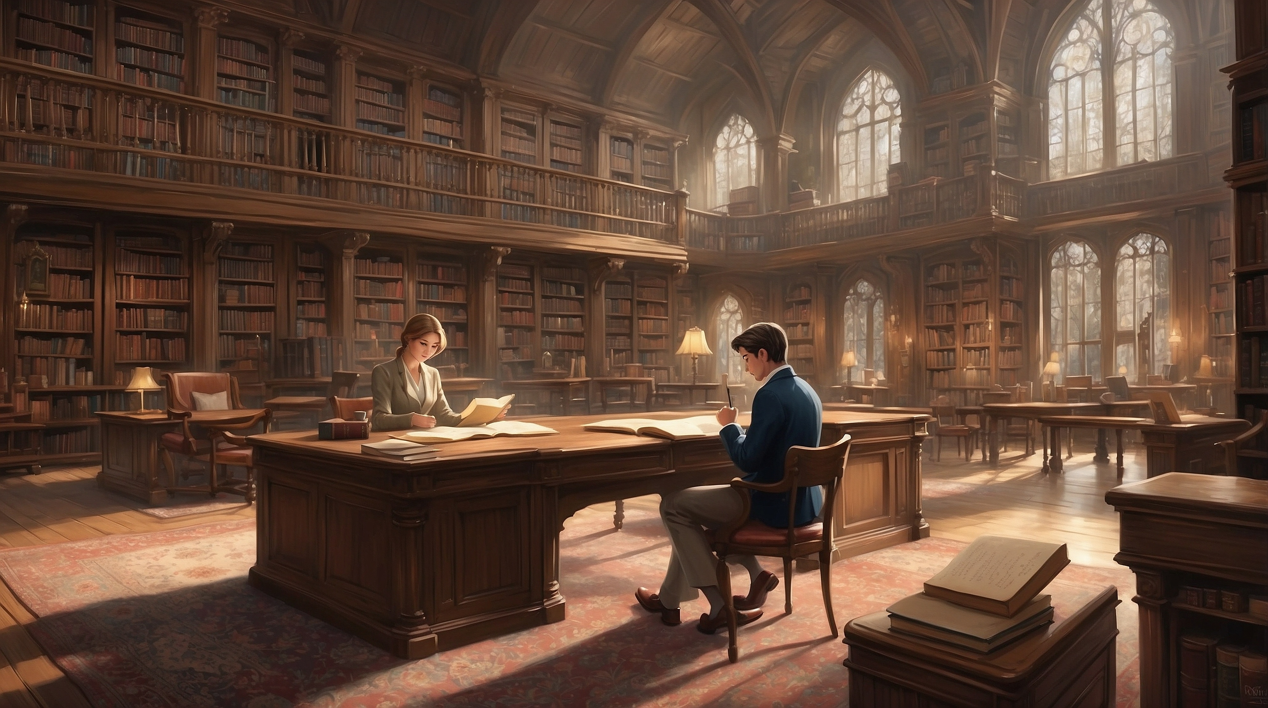 A tutor and a student studying in a library preparing for their International Alevels examination.
