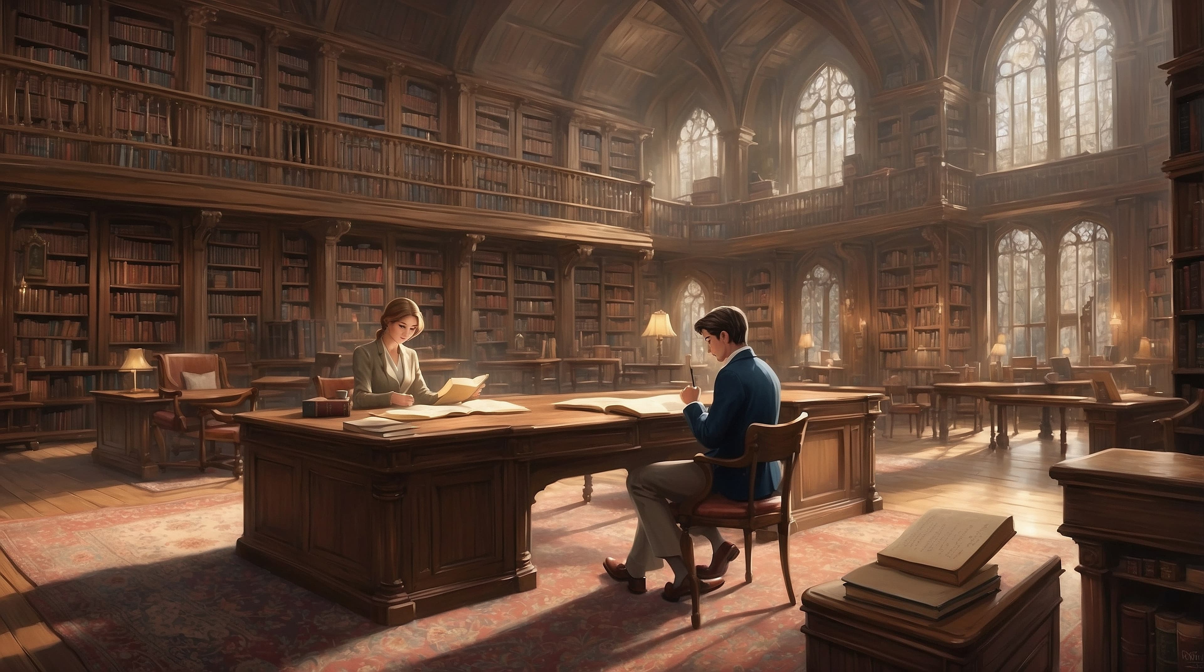 A tutor and a student studying in a library preparing for their International A levels examination.